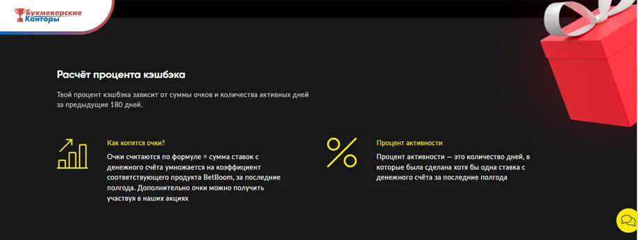 Блок «Расчёт процента кэшбэка» на сайте BetBoom: как копятся очки и что такое процент активности