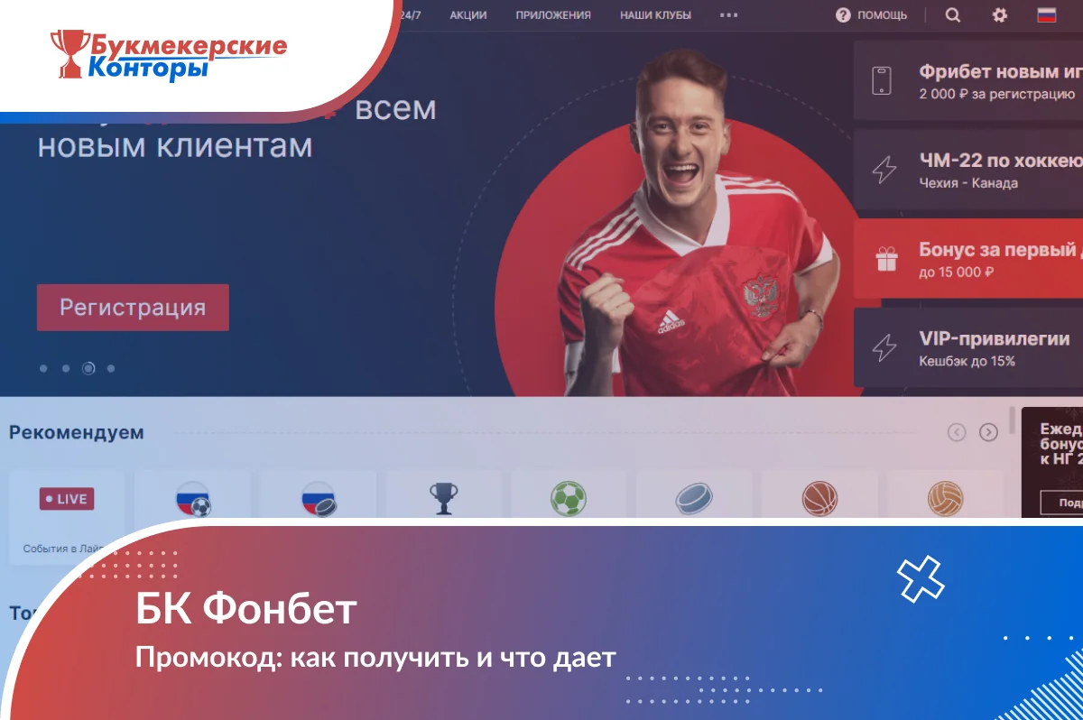 Обложка «БК Фонбет. Промокод: как получить и что дает» на фоне промо-баннера сайта оператора