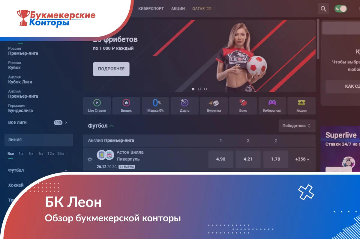 Обложка обзора БК Леон: линия с коэффициентами 1X2 на матч Премьер-лиги, пометкой «0% маржа» и числом рынков