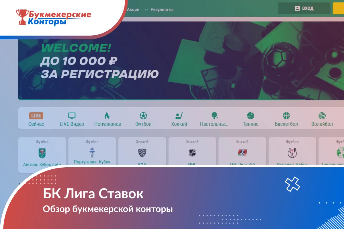 Обложка обзора БК Лига Ставок: главная страница с баннером бонуса до 10 000 ₽ за регистрацию