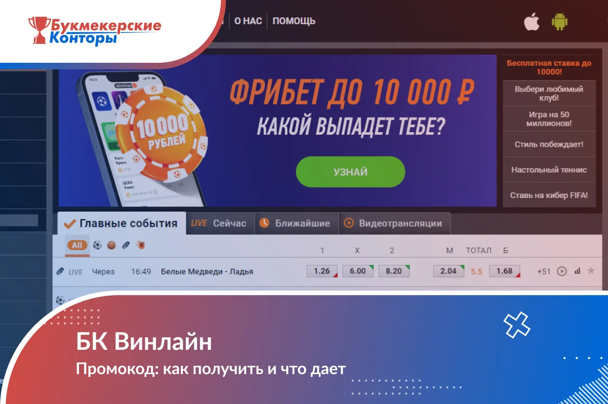 Обложка «БК Винлайн. Промокод: как получить и что дает» на фоне главной страницы оператора с баннером акции