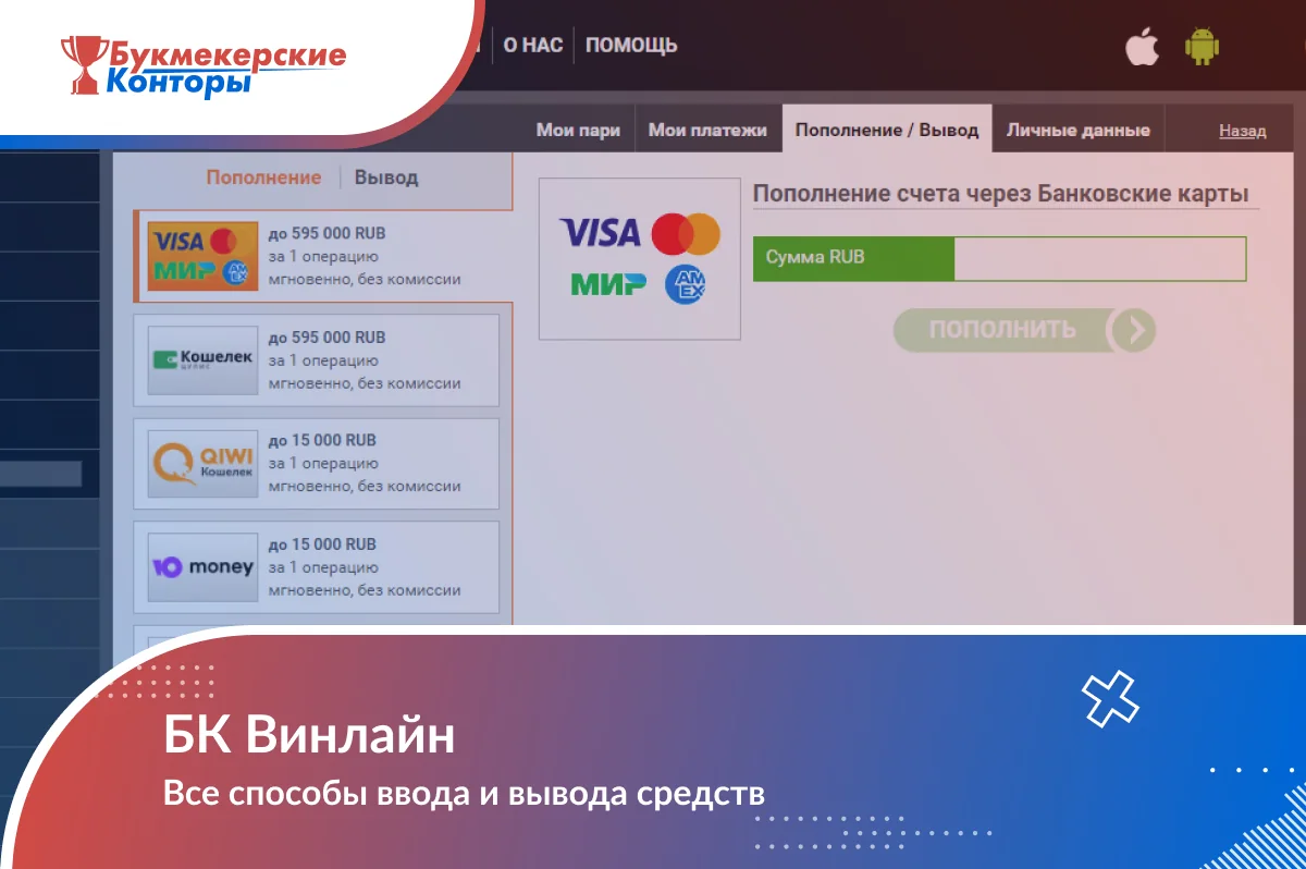 Обложка «БК Винлайн — Все способы ввода и вывода средств»: касса с банковскими картами, кошельком ЦУПИС и ЮMoney