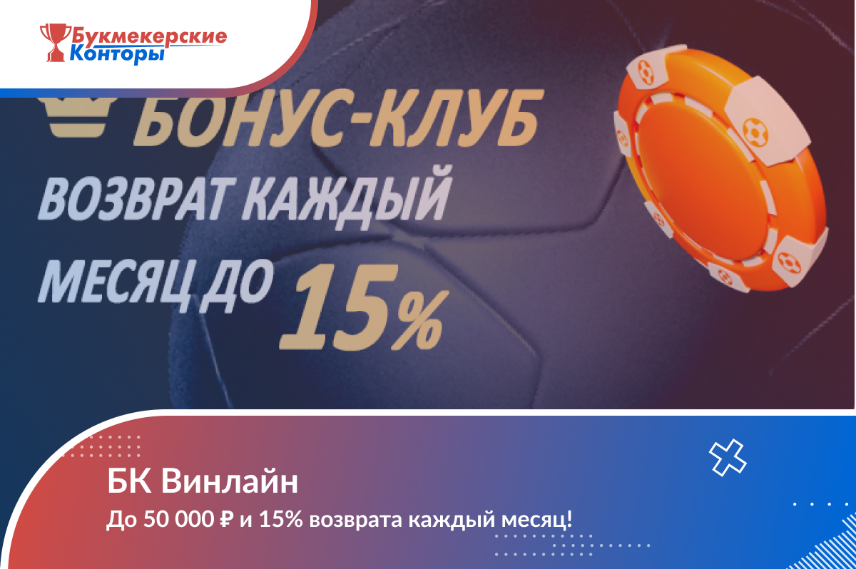Бонус-клуб: получай до 50 000 ₽ и 15% возврата каждый месяц от БК Винлайн